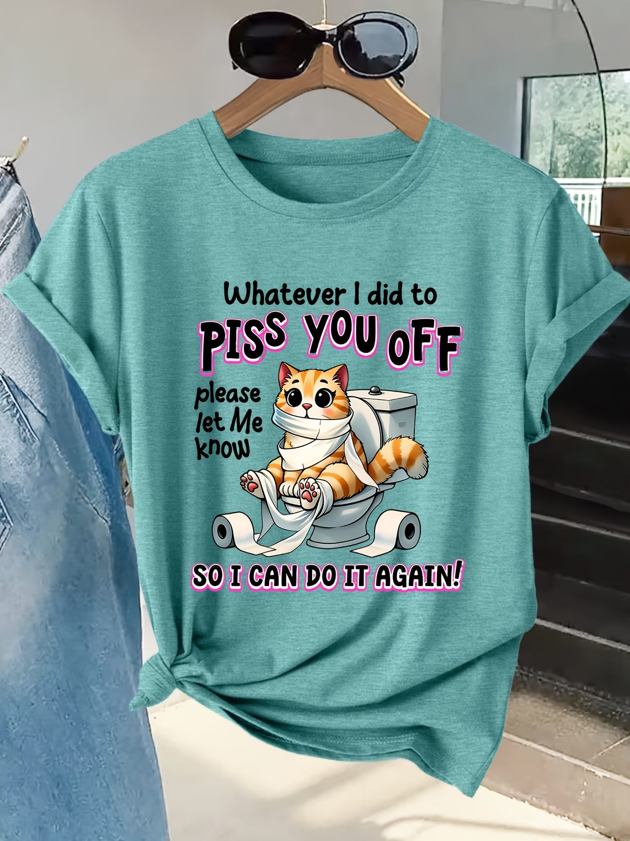 Women's Funny Toilet Cat Graphic Tee | Quirky Short-Sleeve T-Shirt