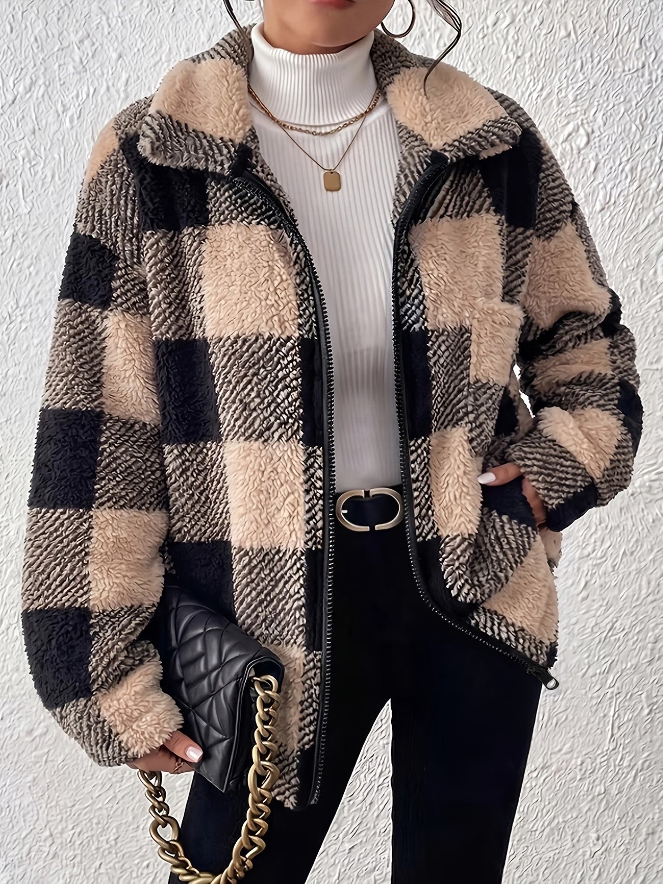 Women's Plush Faux Teddy Jacket – Elegant Collar Plaid Coat with Pockets