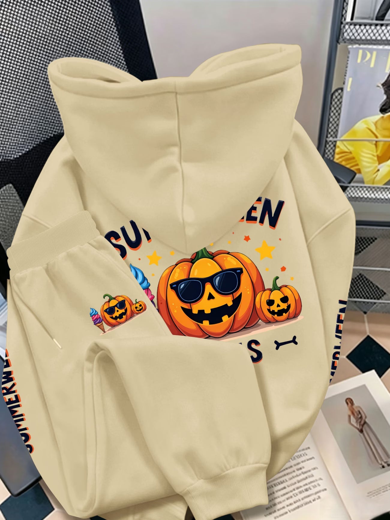 Plus Size Halloween Hooded Sweatshirt Set — Cool Pumpkin in Sunglasses Triple Back Print