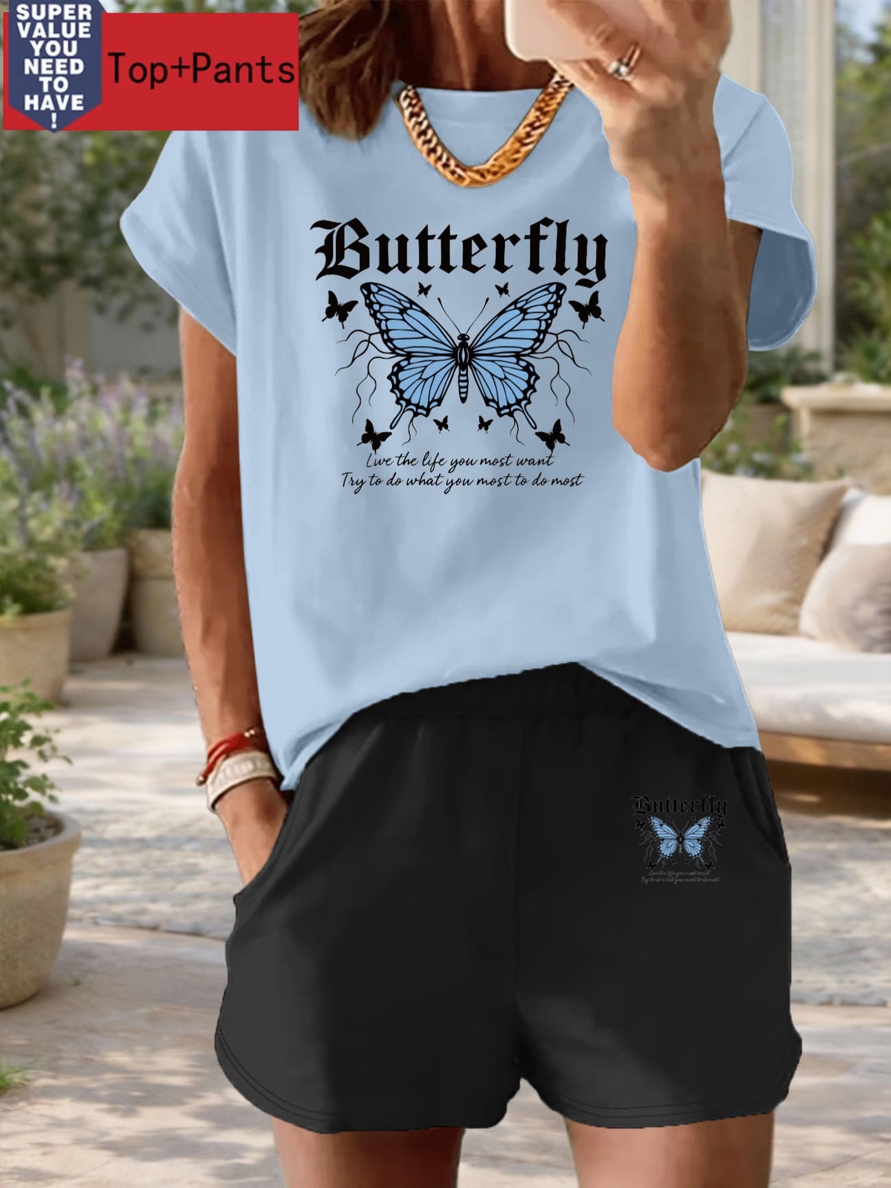 Blue Butterfly & Elegant Text Print Two-Piece Set – Round Neck Tee & High-Waist Shorts