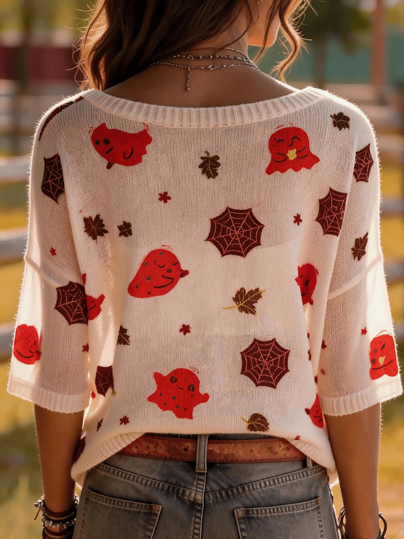 Smiling Ghost & Maple Leaf Print Lightweight Sweater Top