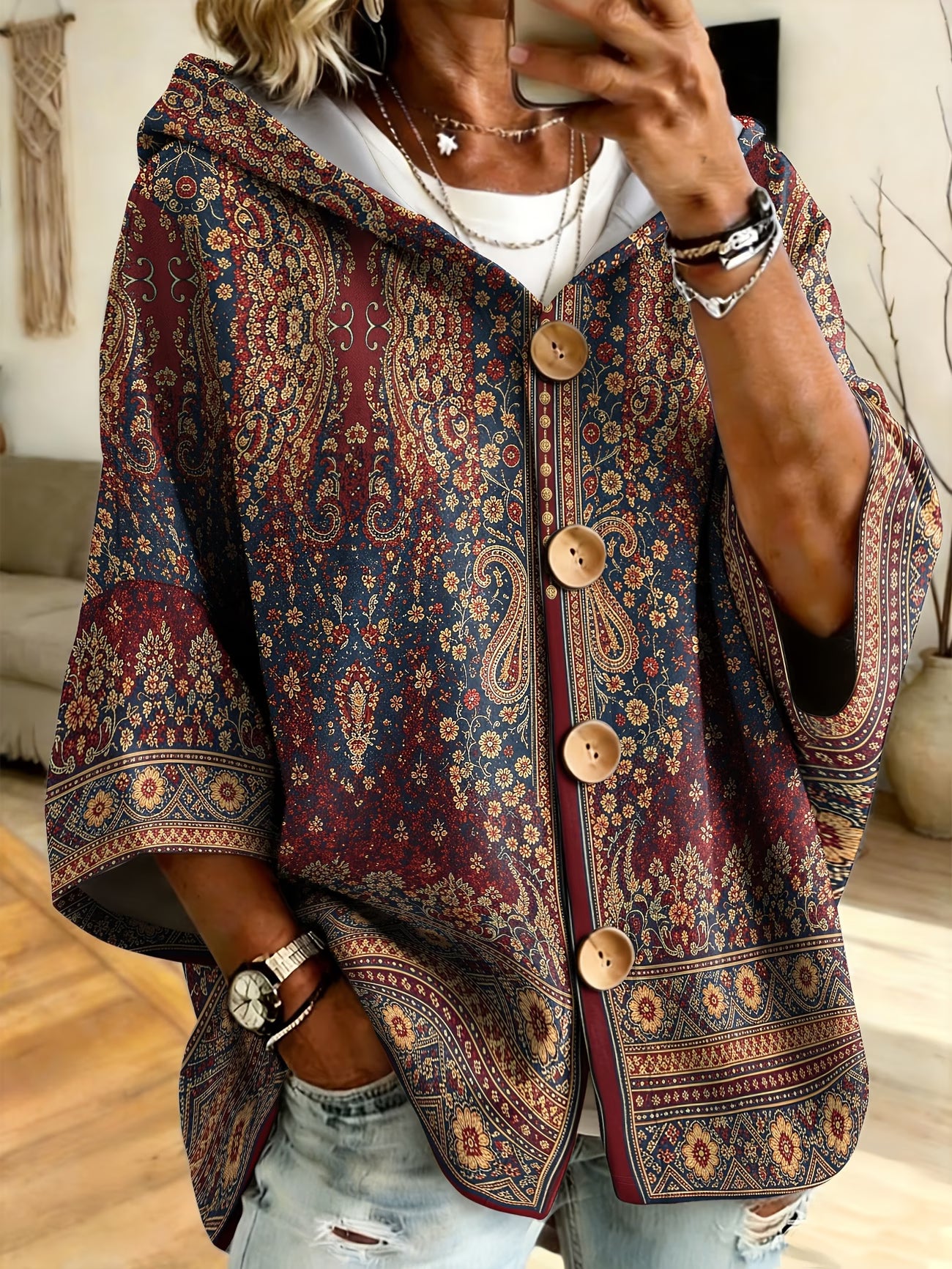 Plus-Size Bohemian Paisley Hooded Cardigan – Batwing Sleeve Vintage Outerwear