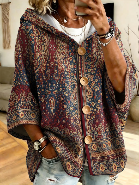 Plus-Size Bohemian Paisley Hooded Cardigan – Batwing Sleeve Vintage Outerwear