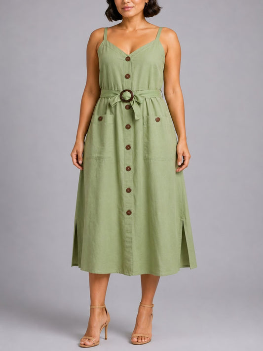 Sleeveless Button Front Maxi Dress with Tie Waist & Pockets – Plus Size
