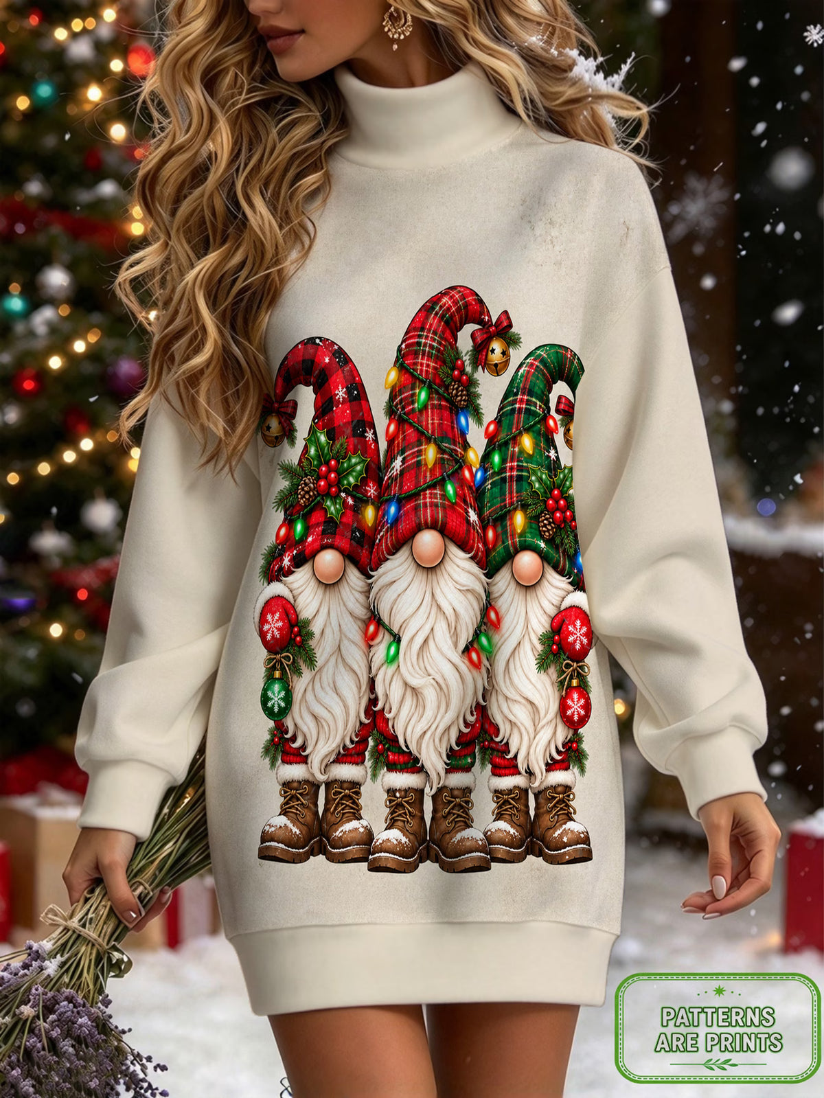 Women's Christmas Gnome Print High-Neck Sweatshirt