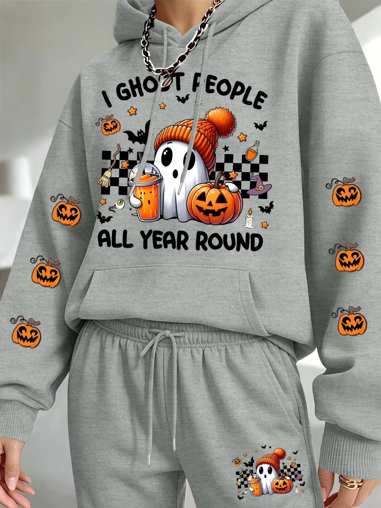 Women's Halloween Ghost & Jack-O'-Lantern Print Hoodie & Jogger Set