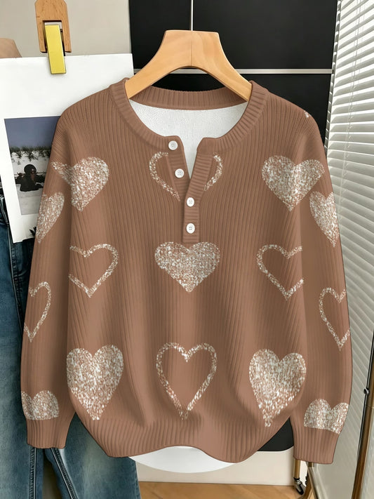 Women's Rose Gold Glitter-Effect Heart Print Sweater
