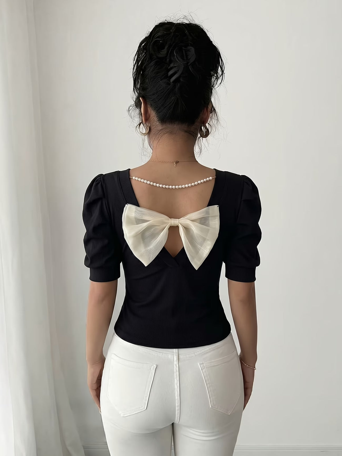 Pearl Chain Backless Organza Bow Puff Sleeve Ribbed Top