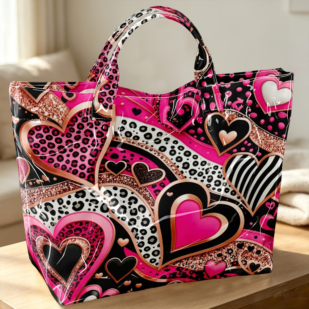 Leopard Heart Glossy Handheld Tote Bag – Random Print
