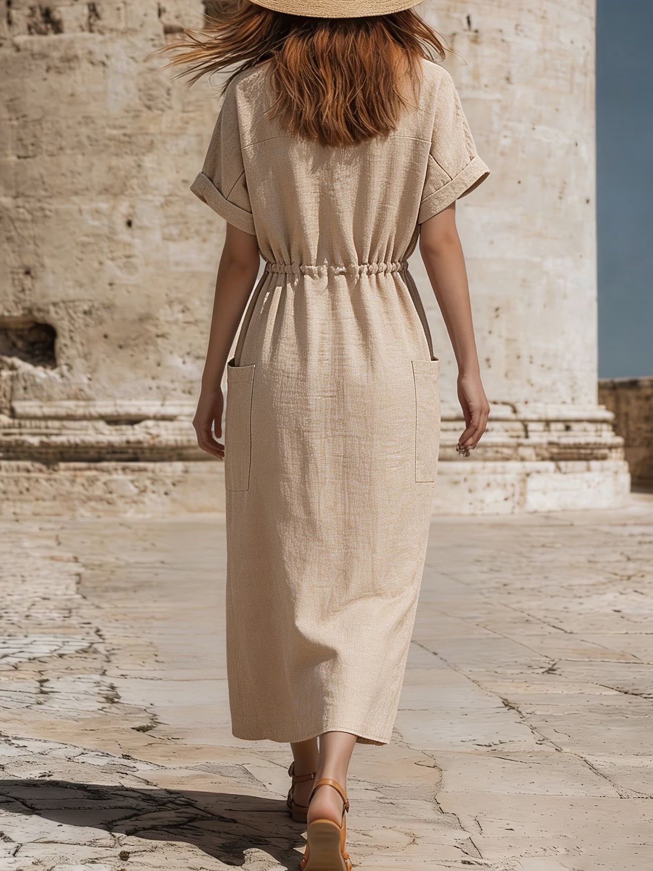 Women's Casual Khaki Stand Collar V-Neck Drawstring Waist Dress with Short Sleeves & Front Slit