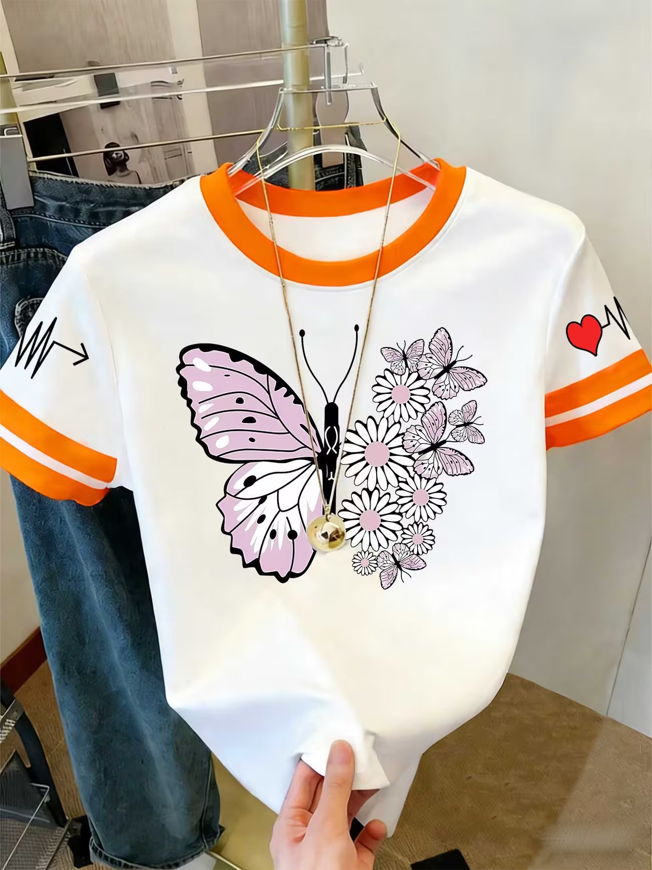 Soft Pink Butterfly & Daisy Print Short-Sleeve Blouse