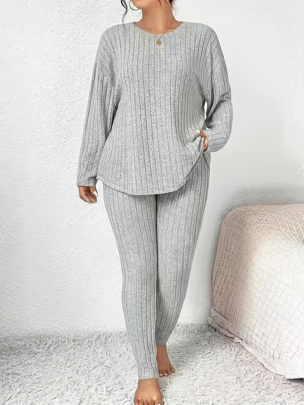 Solid Colour Long-Sleeve Top & Trouser Set