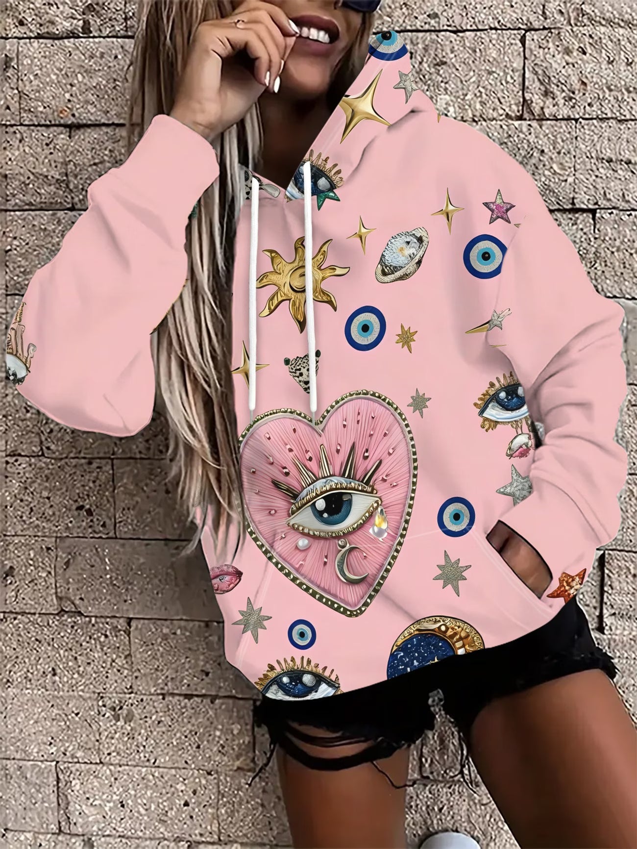 Women's Hooded Sweatshirt – Eye Shapes & Stars Print
