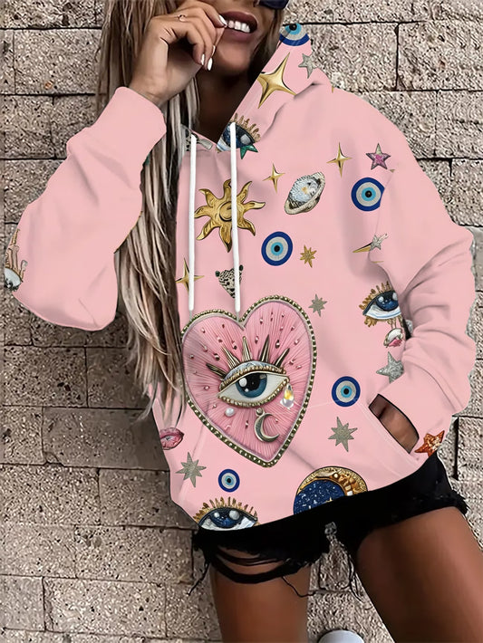 Women's Hooded Sweatshirt – Eye Shapes & Stars Print