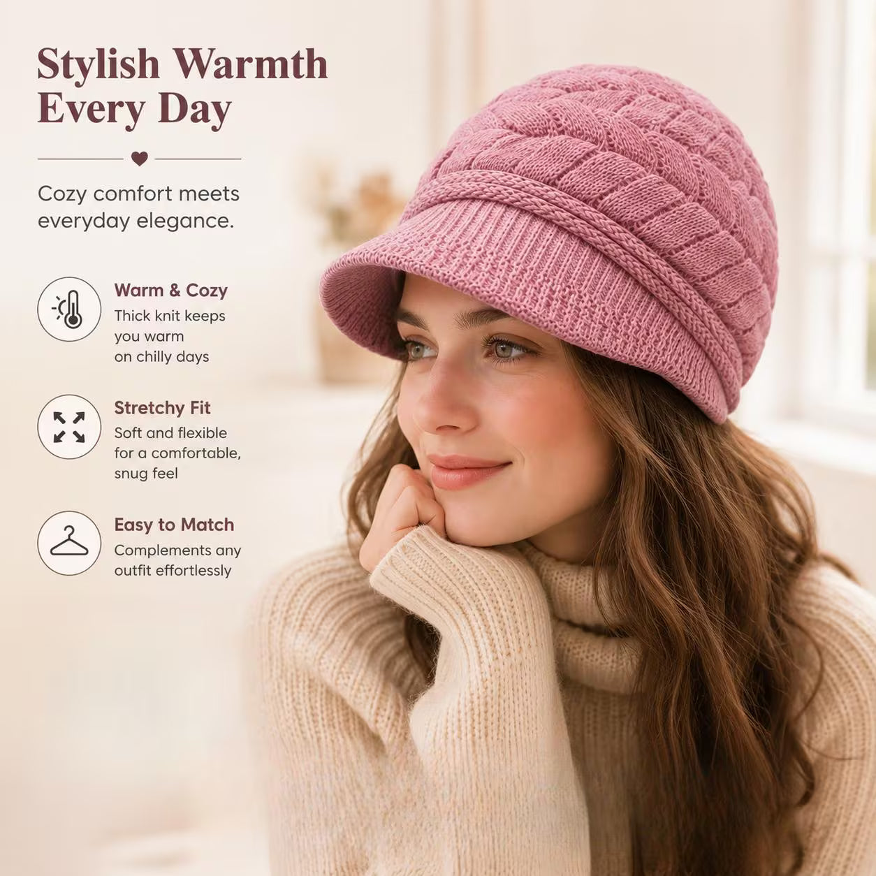 Women's Brim Scarf Beanie – Jacquard Weave Retro Beret Hat