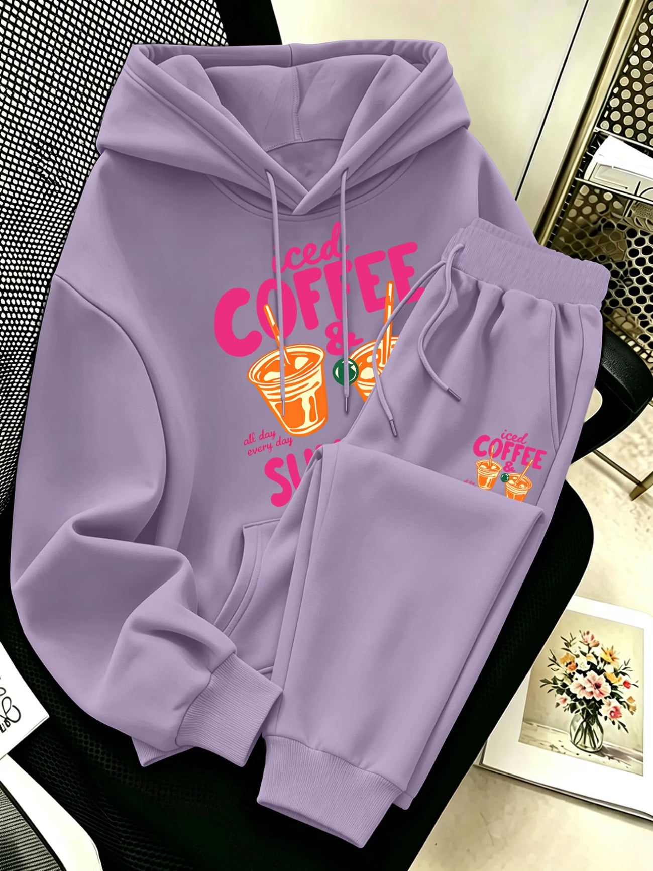 Plus Size Coffee & Dessert Print Hoodie & Pants Set — Vibrant Cute Design