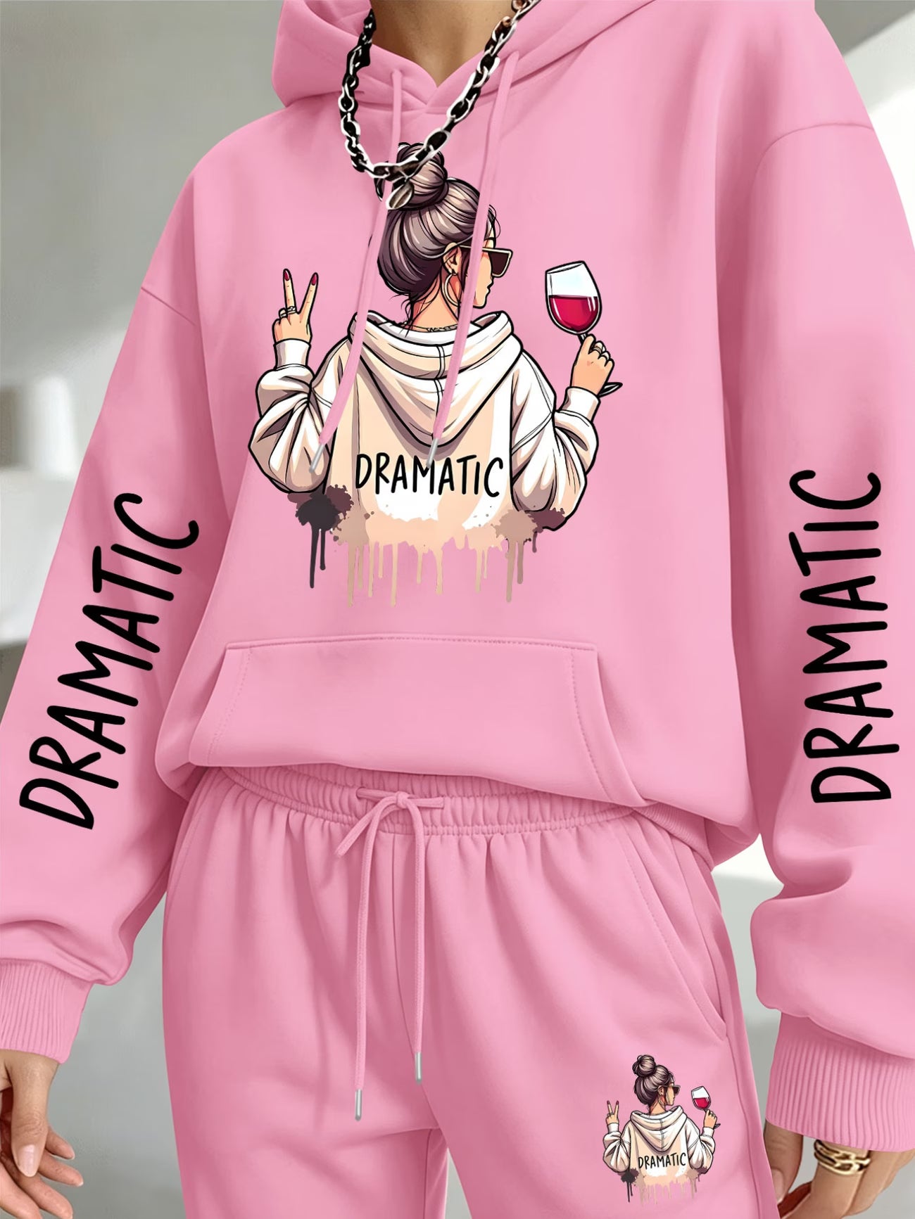Dramatic Woman Red Wine Graphic Hooded Sweatshirt & Sweatpants Set