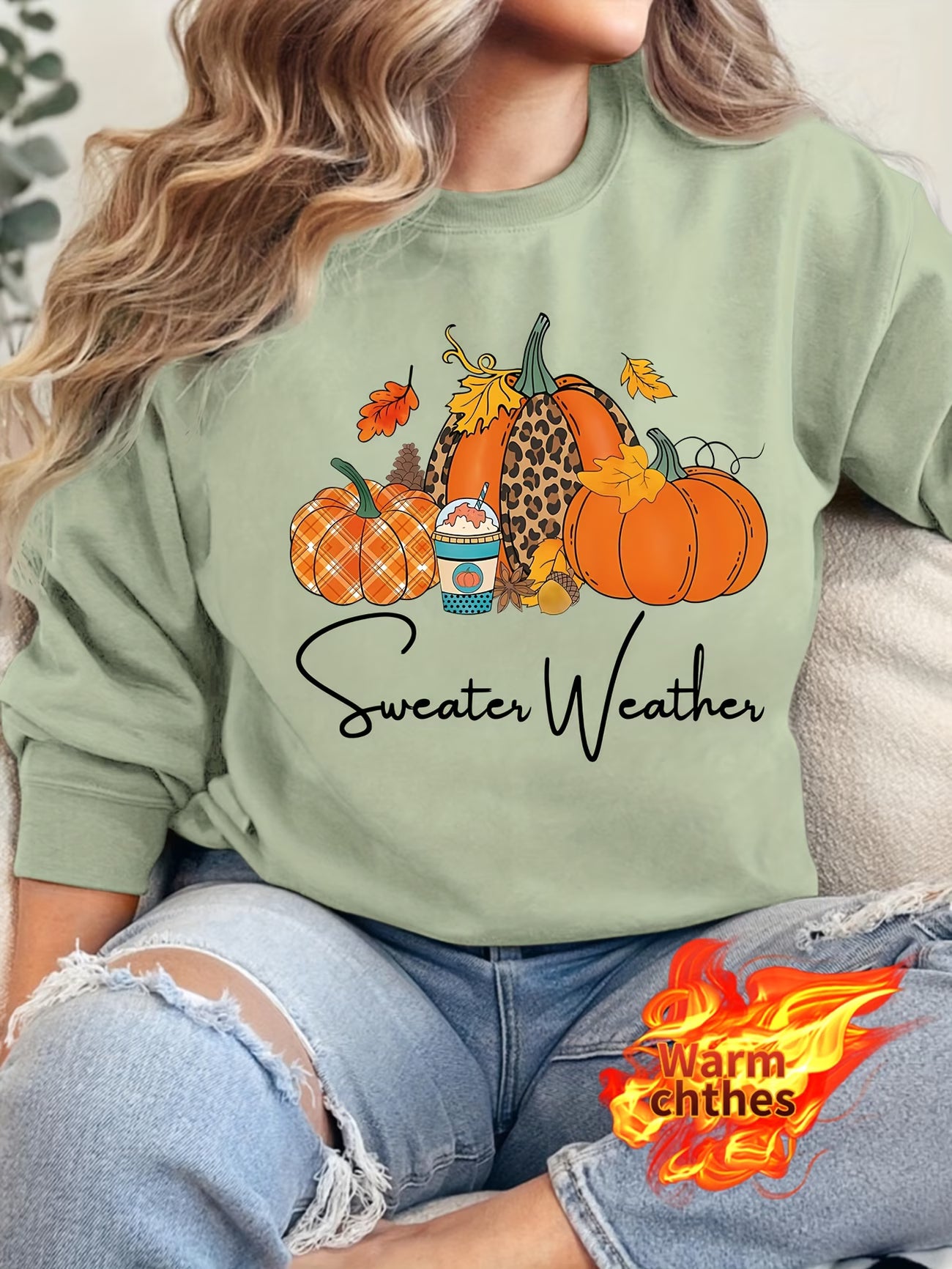 Women's Pumpkin Maple Leaf Print Winter Sweatshirt