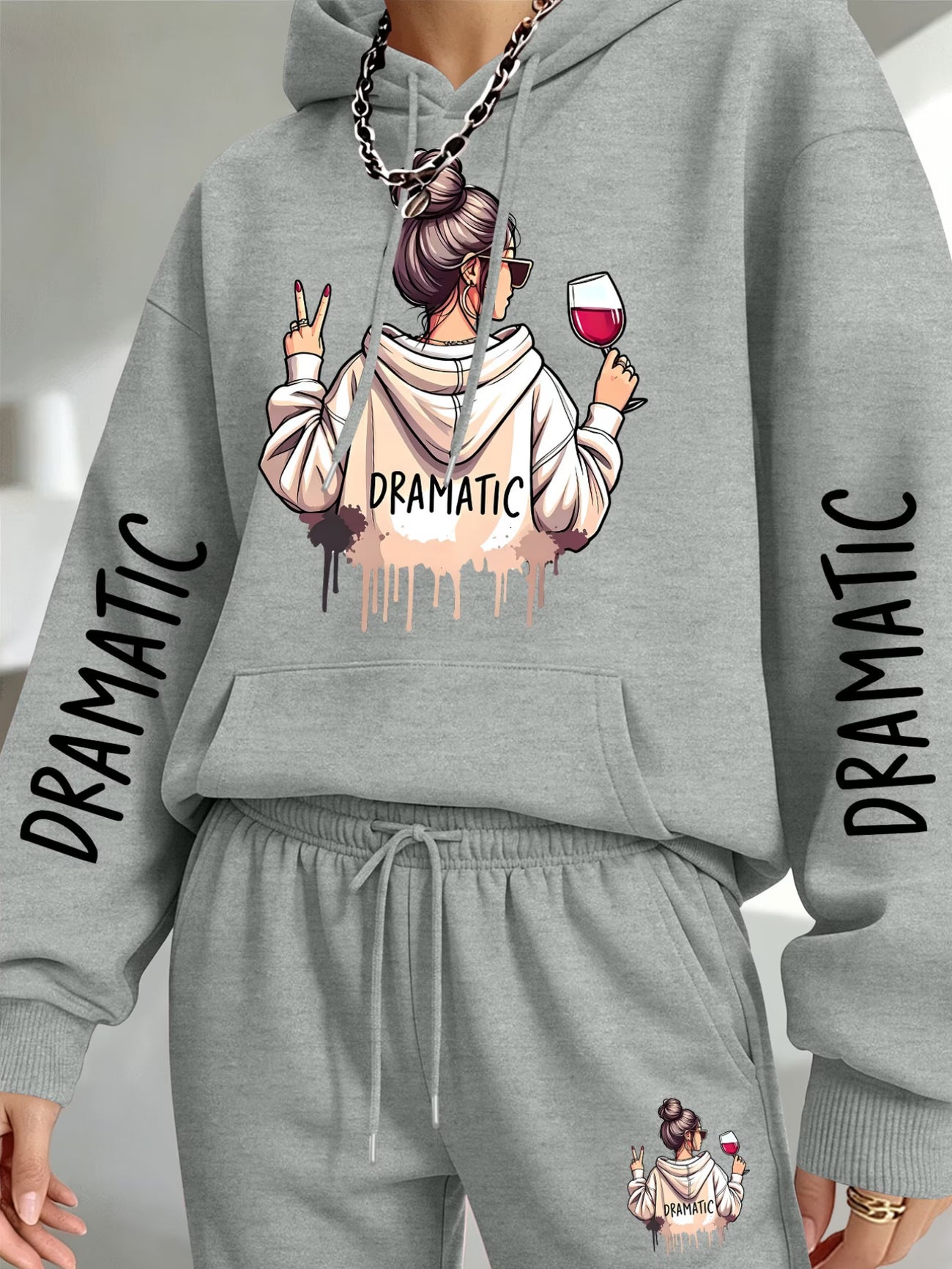 Dramatic Woman Red Wine Graphic Hooded Sweatshirt & Sweatpants Set