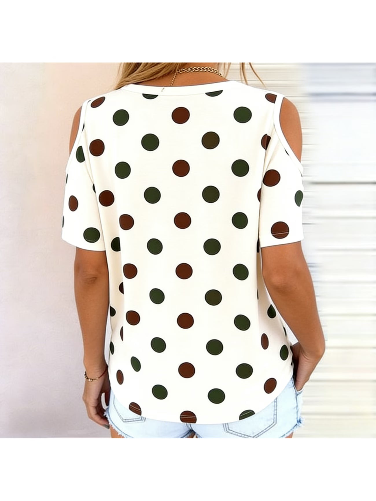 Mosaic Polka Dot Off-Shoulder Top – Colour Block Loose Short Sleeve T-Shirt