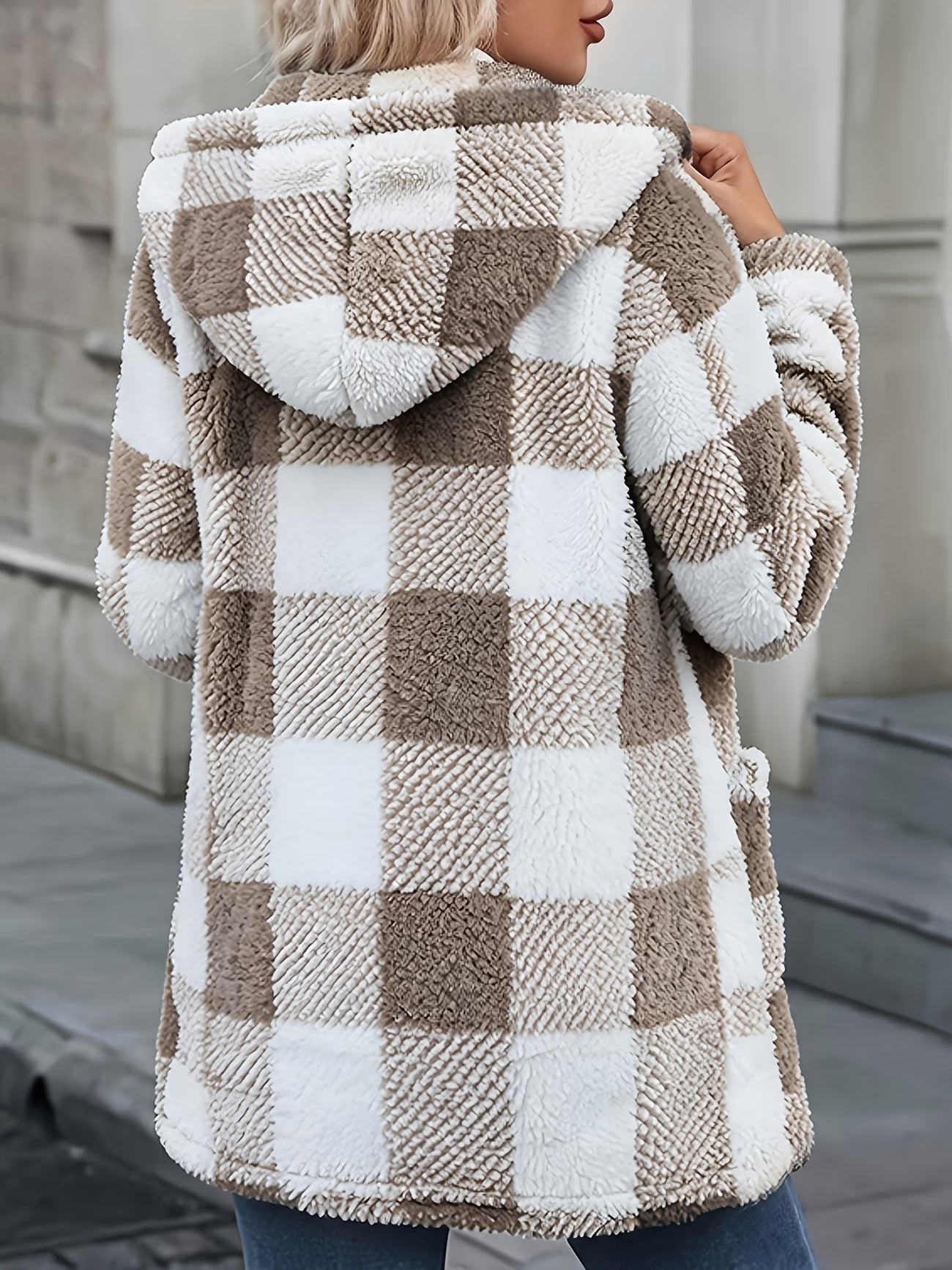 Women's Plaid Faux Hooded Jacket – Button-Up Plush Teddy Fleece with Pockets