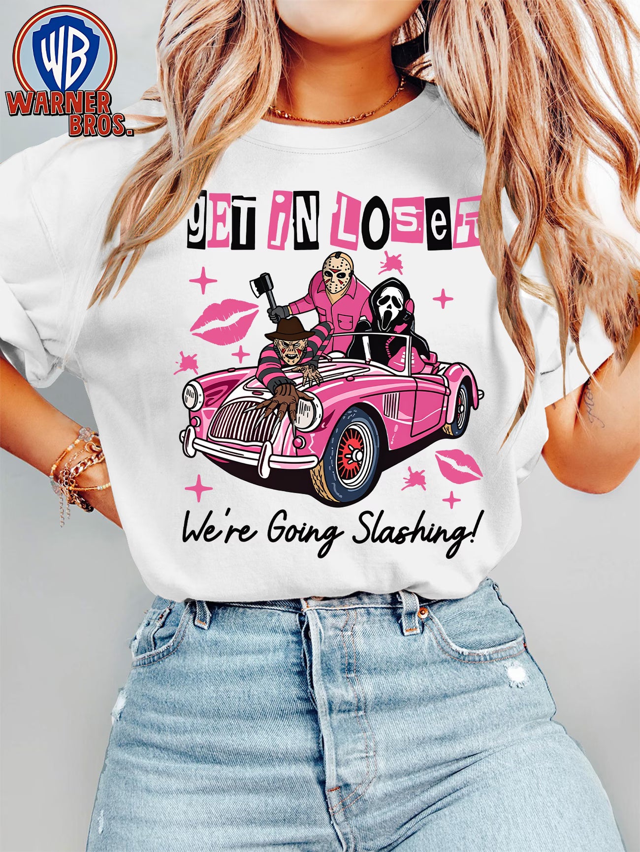 Women's Retro Cartoon Horror Character Pink Car Print T-Shirt
