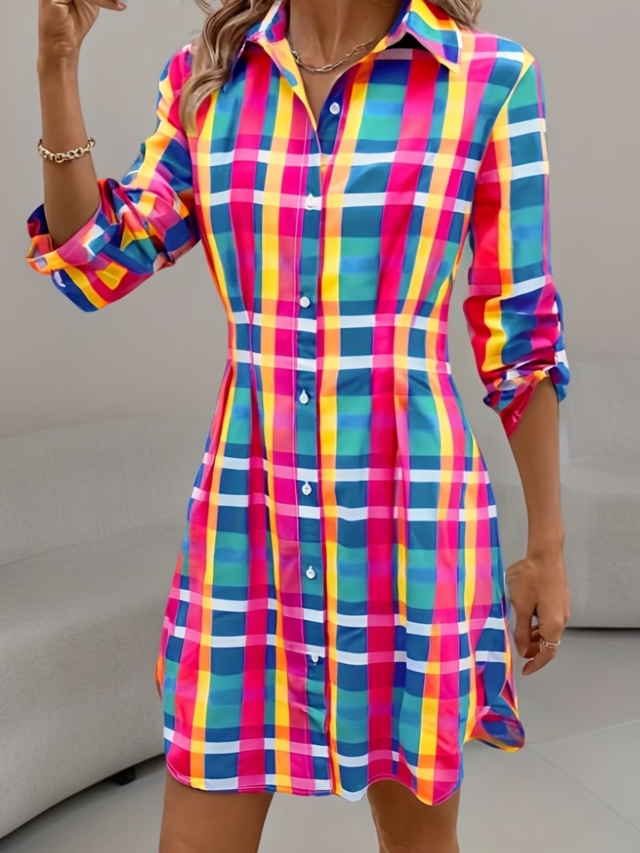 Women's Plaid A-Line Button Shirt Dress – Knee-Length Flared Hem