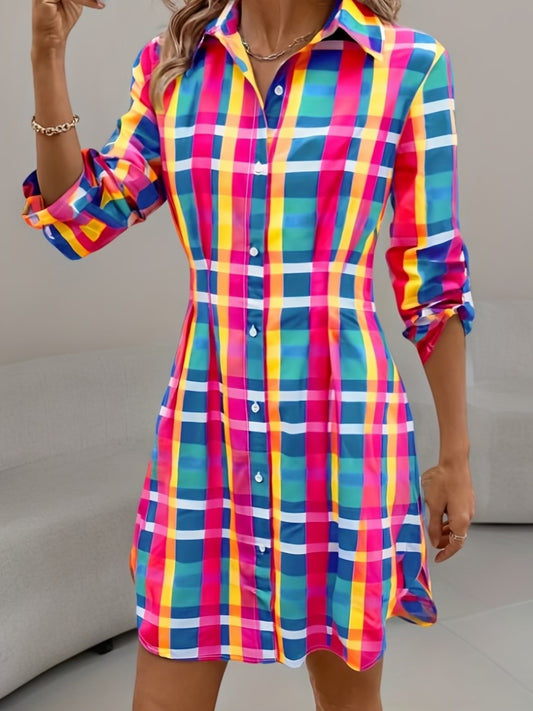 Women's Plaid A-Line Button Shirt Dress – Knee-Length Flared Hem
