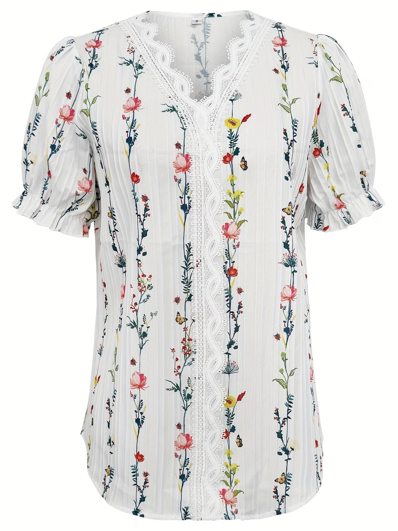 Women's Printed V-Neck Lace Trim Blouse – Short Sleeve