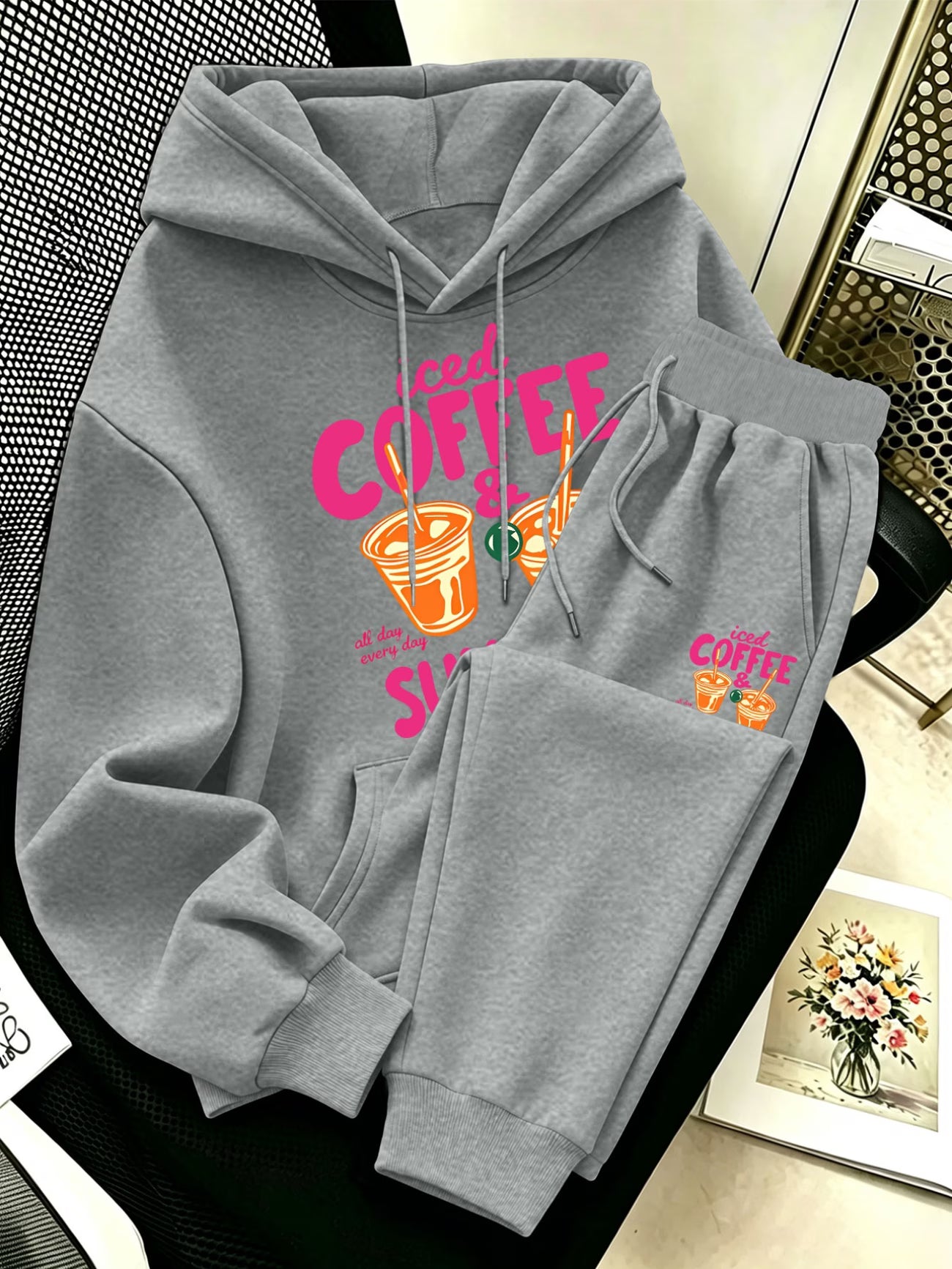 Plus Size Coffee & Dessert Print Hoodie & Pants Set — Vibrant Cute Design