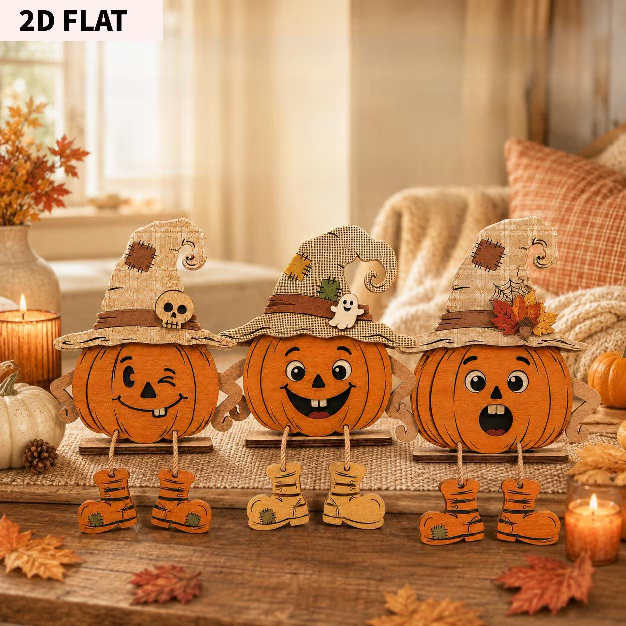 2D Flat Autumn Wooden Decorative Plaques – Halloween Pumpkins (Set of 3)