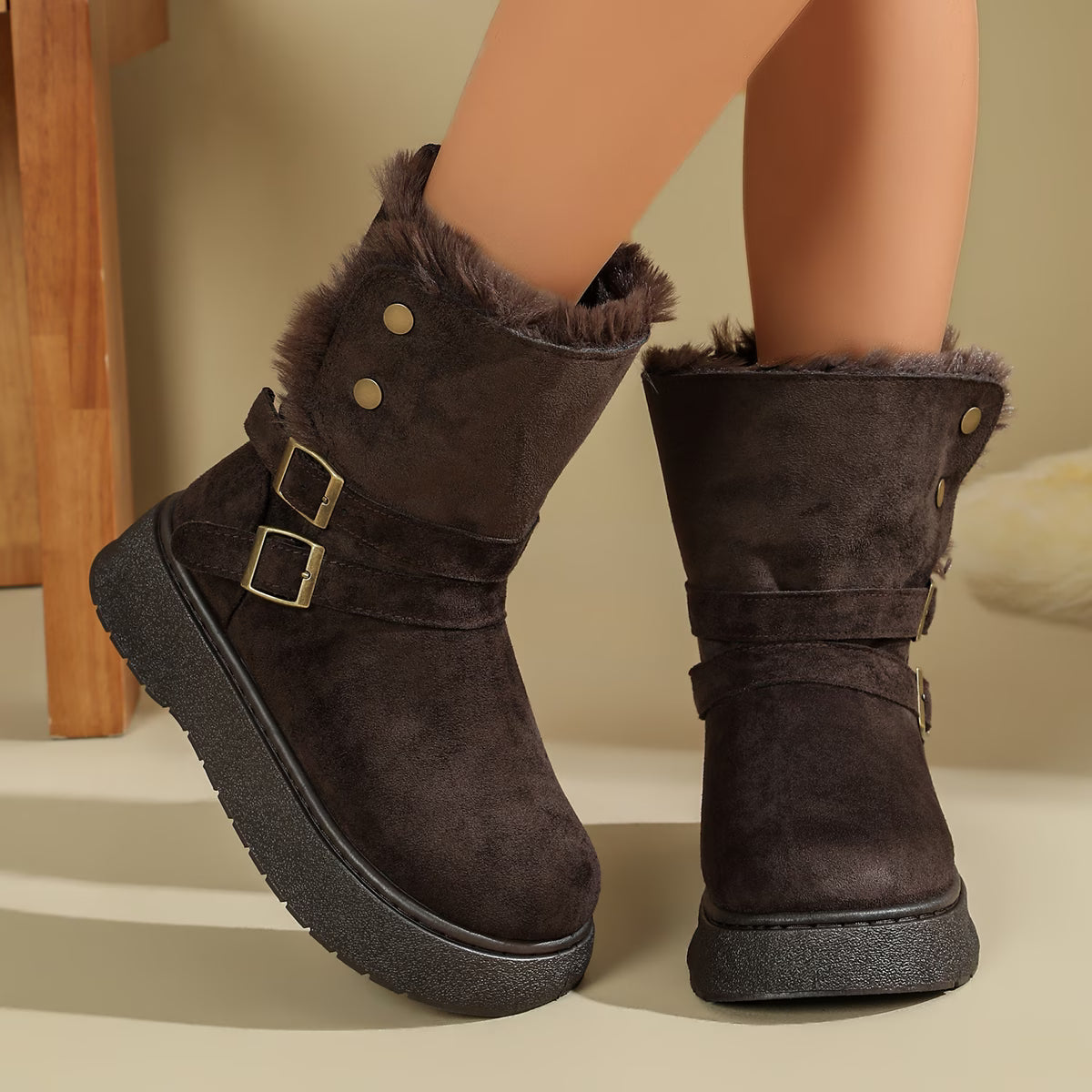 Women's Mid-Calf Platform Boots with Buckle Detail
