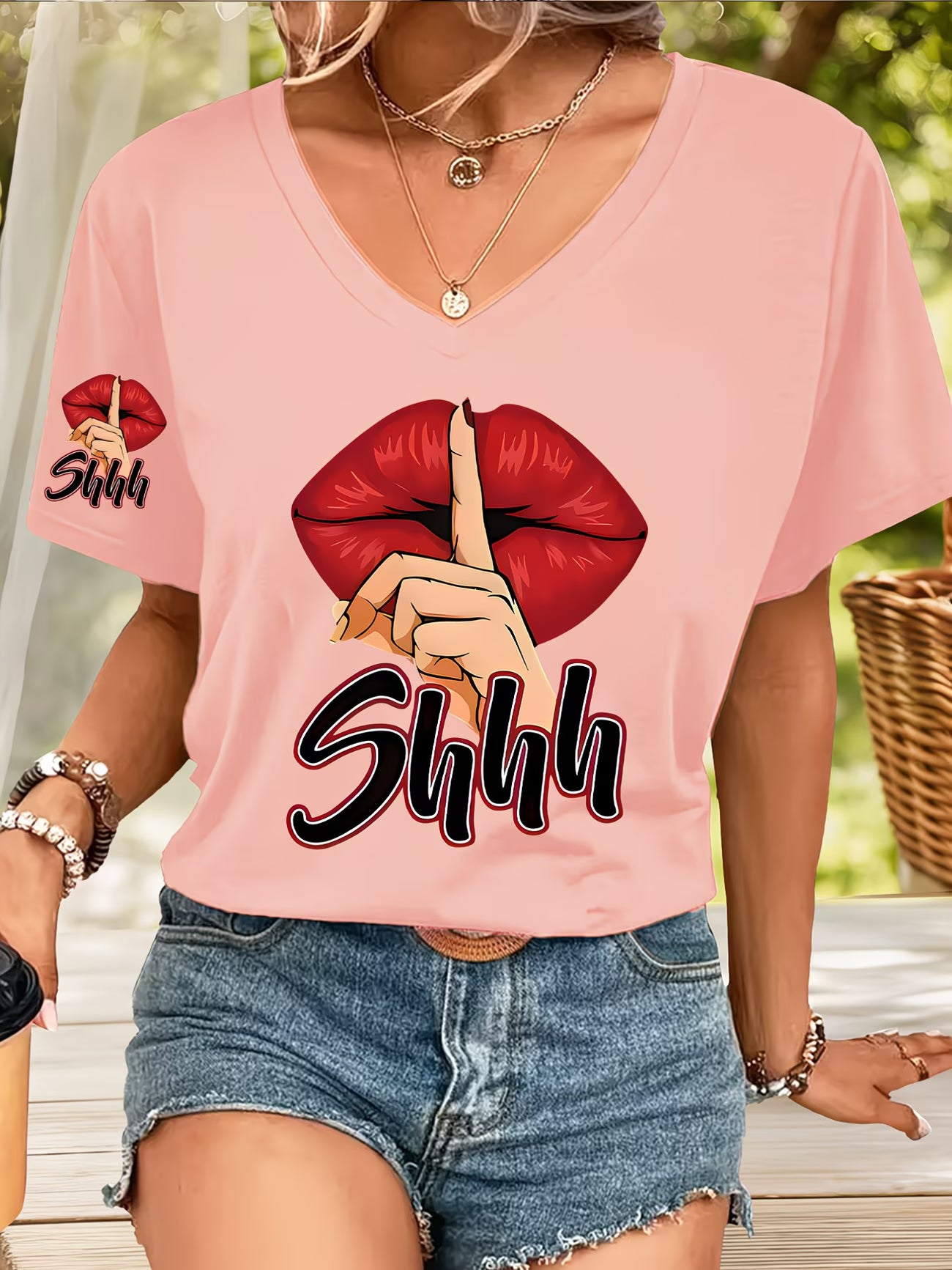 Sexy Lips Print V-Neck Top Featuring a Bold Red Lips Design on the Front