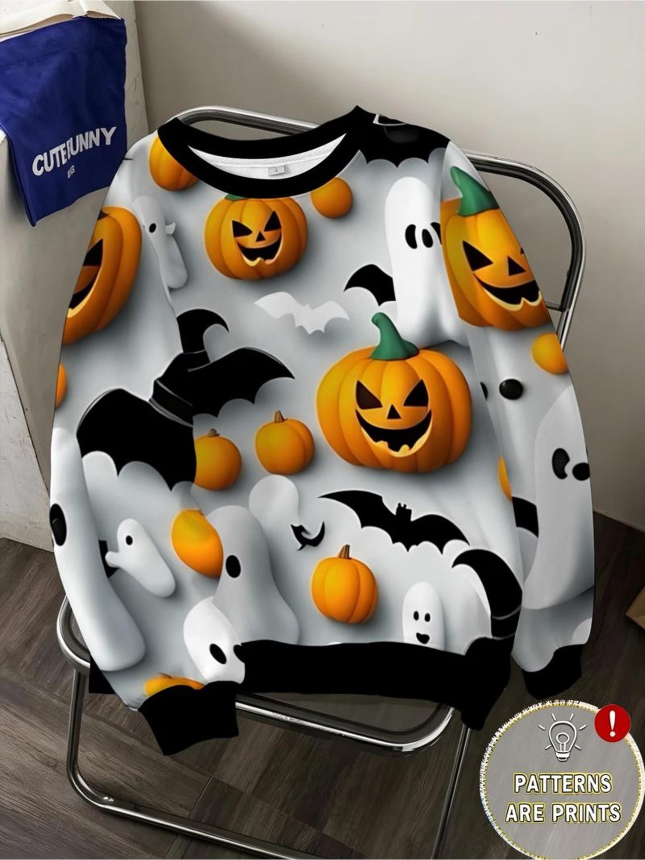 Pumpkin Ghost & Bat Halloween Print Sweatshirt
