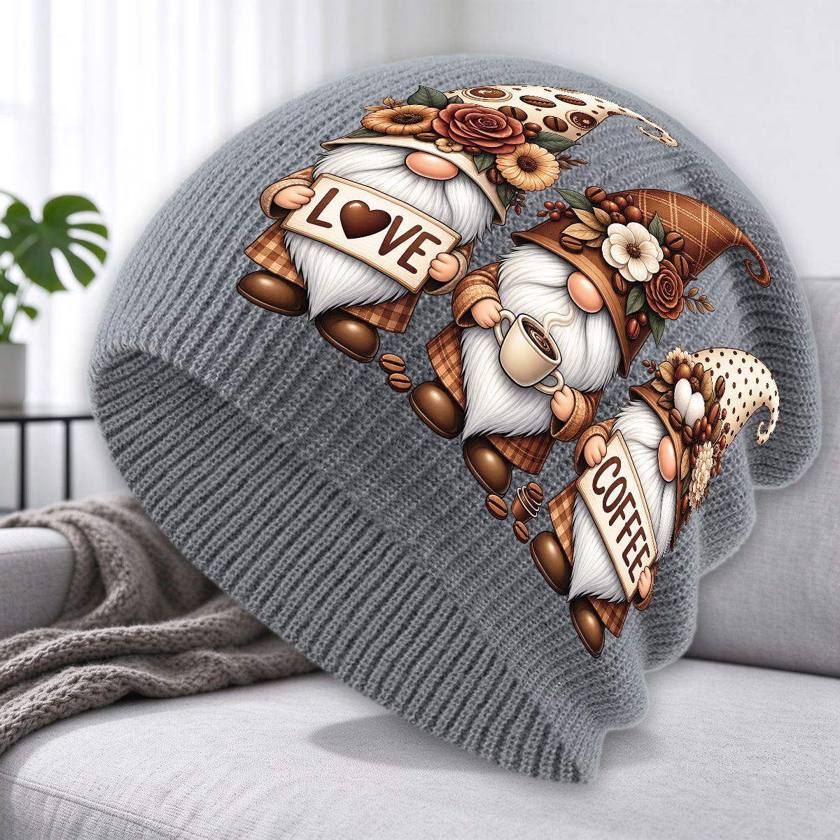 Coffee-Themed Gnome Print Unisex Winter Beanie