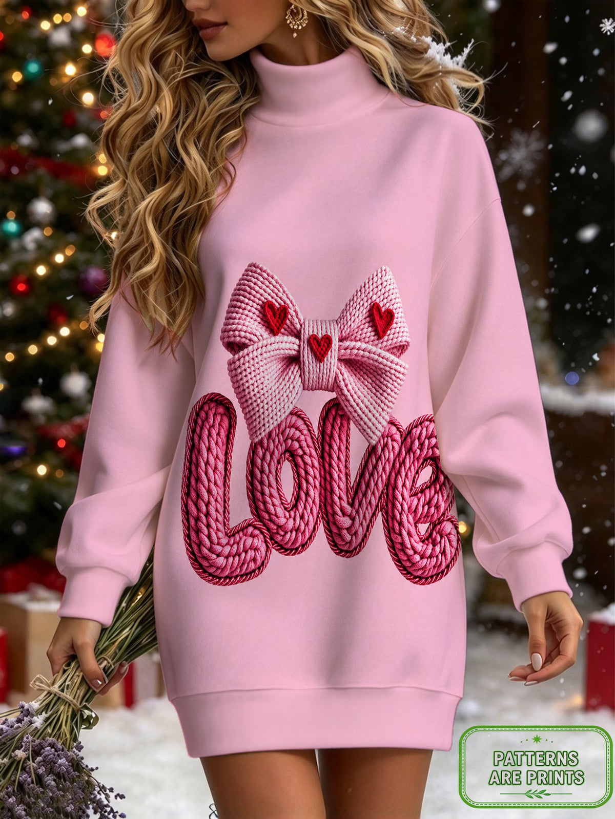 Women's Pink Love & Bow Print High-Neck Sweatshirt