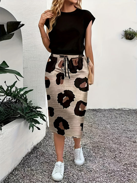 Casual Skirt Set with Black Short-Sleeve T-Shirt