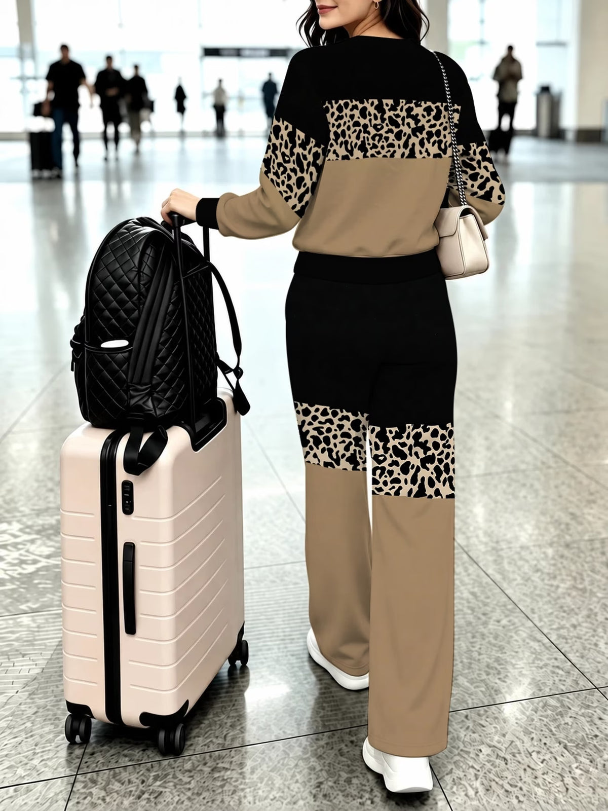 Women's Leopard Print Panel Top & Drawstring Trouser Set