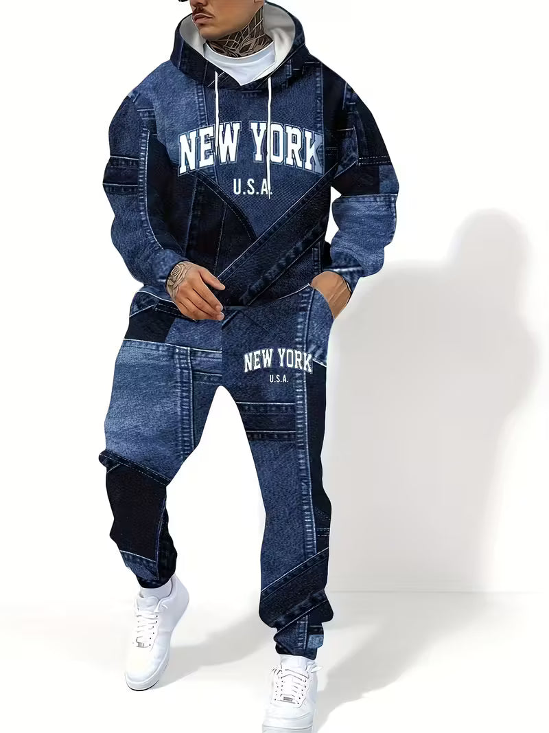 fashion letter/denim effect hooded sweatshirt and sweatpants two-piece
