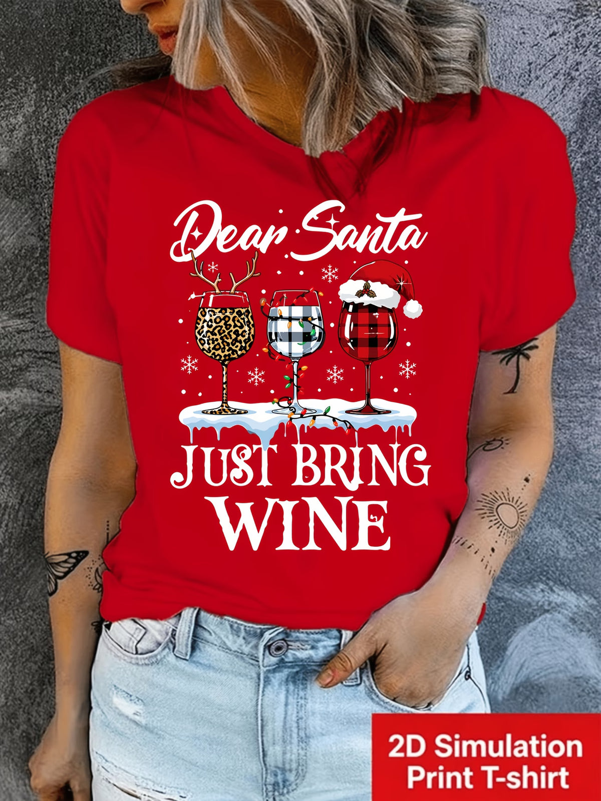 Women’s Red Christmas Slogan & Wine Glass Print T-Shirt