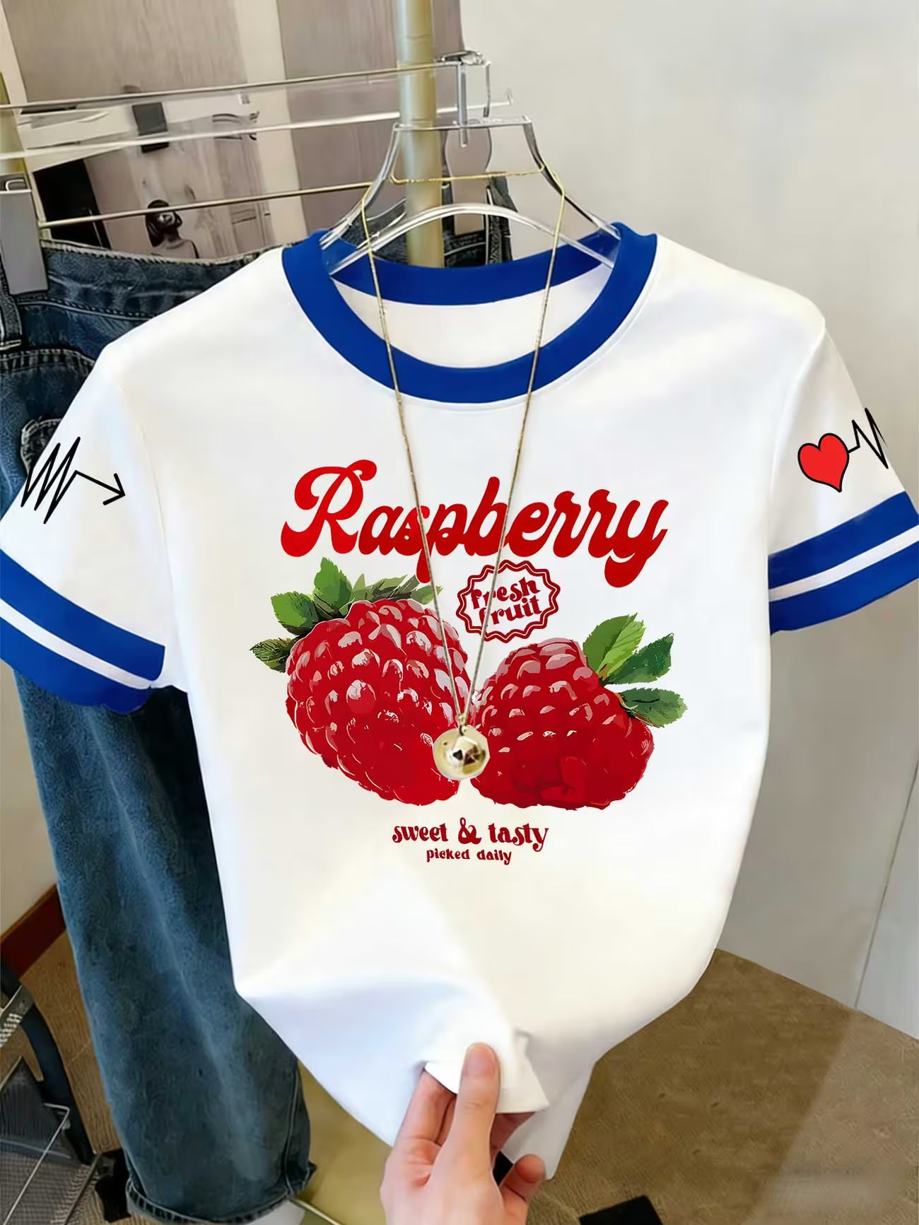 Raspberry Print Colour-Block Short-Sleeve Top