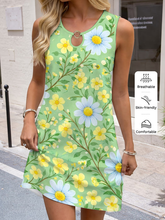 Matcha Green Daisy & Watercolour Floral Branch Sleeveless Dress