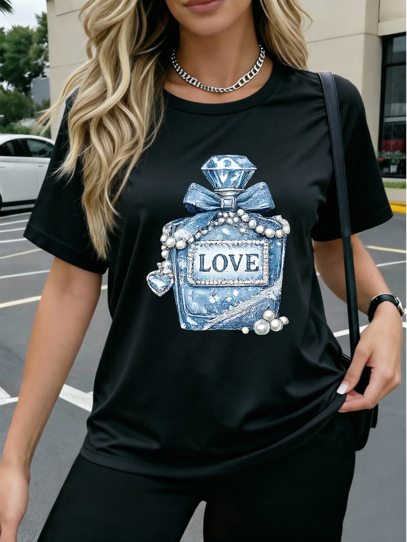 Denim Pearl Bow Heart T-Shirt Denim Fabric