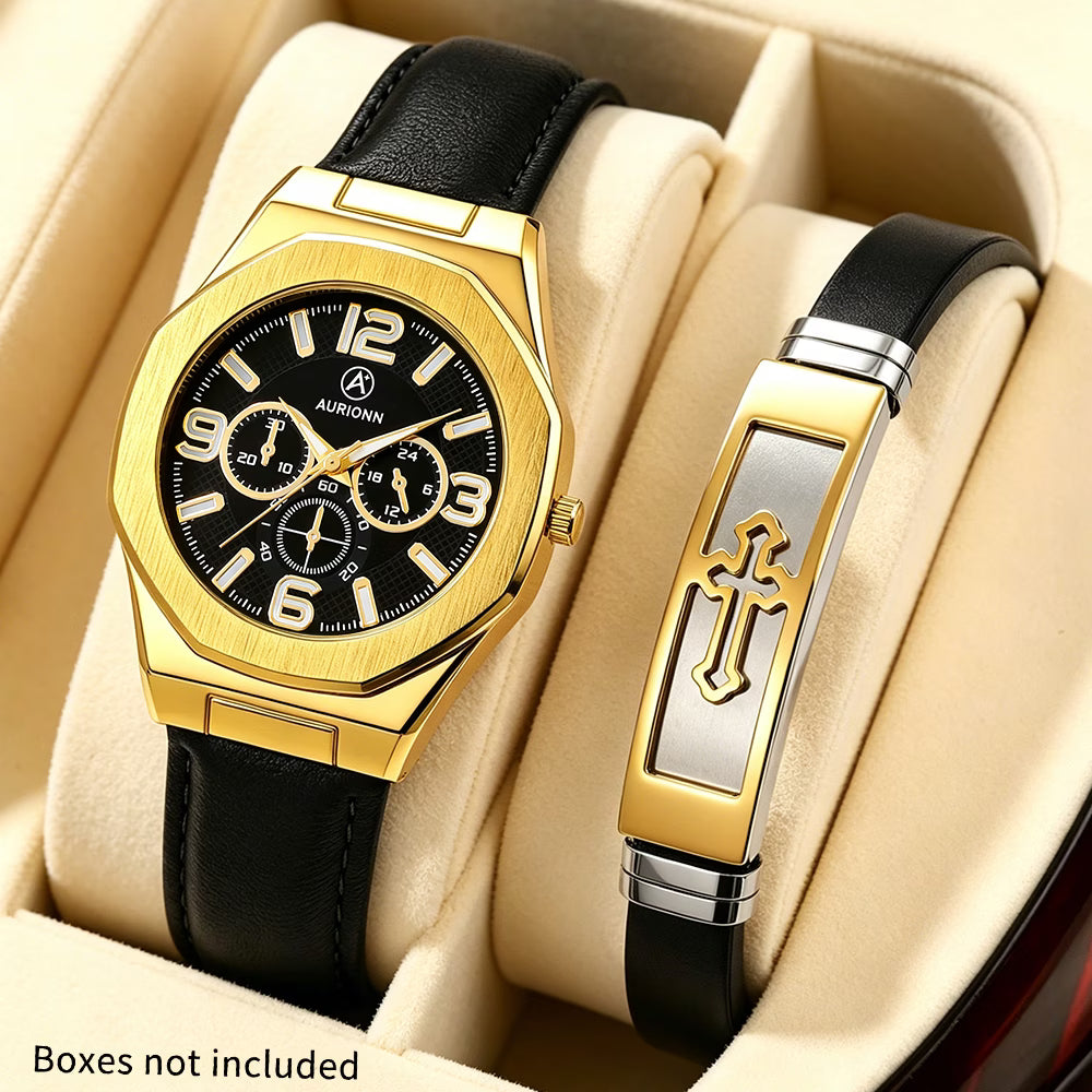 2pcs SHAARMS Men's Quartz Watch & Bracelet Set