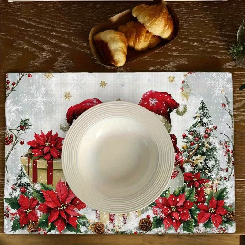 Christmas Table Mats – Set of 8 | Red & Green Snowmen, Snowflakes & Pine Cone Placemats (30×45cm)