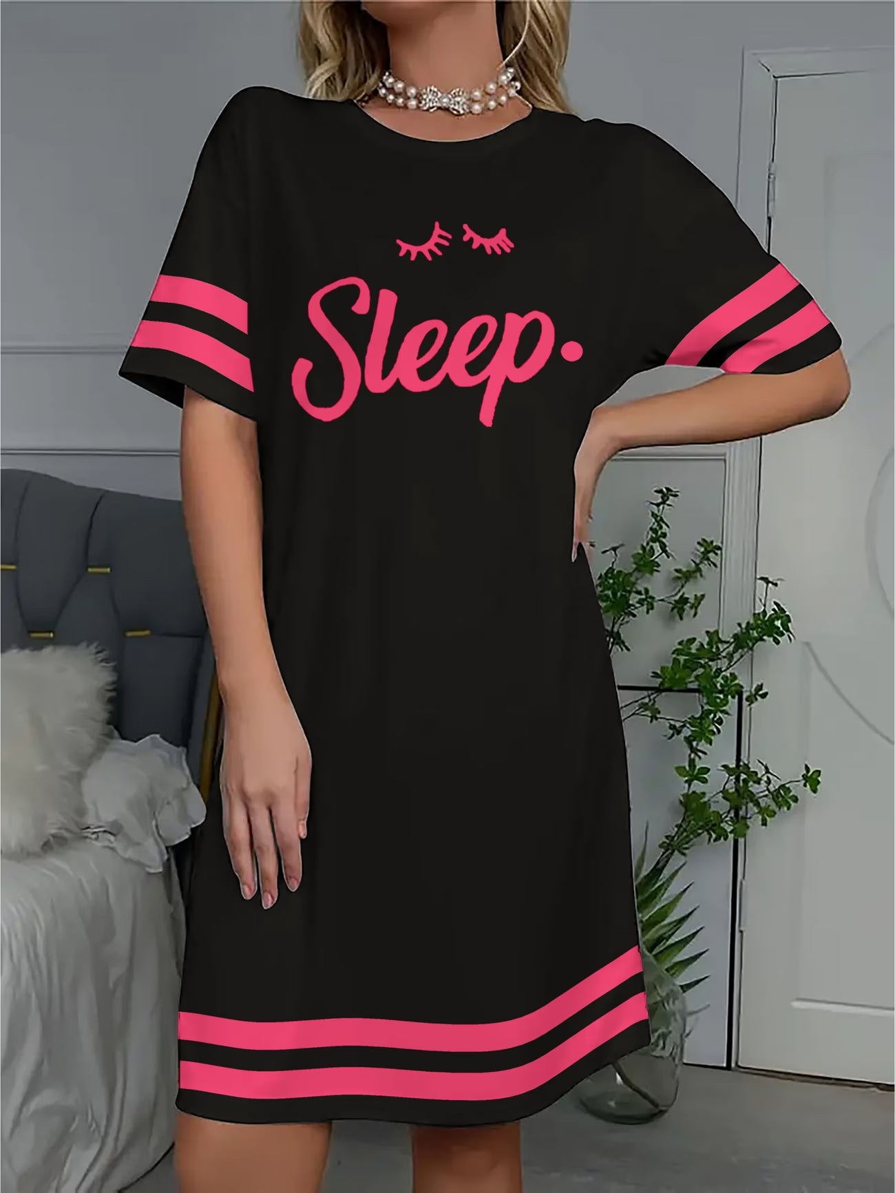 Women's "Sleep" Letter Print Nightgown – Contrast Design Sleepwear Dress