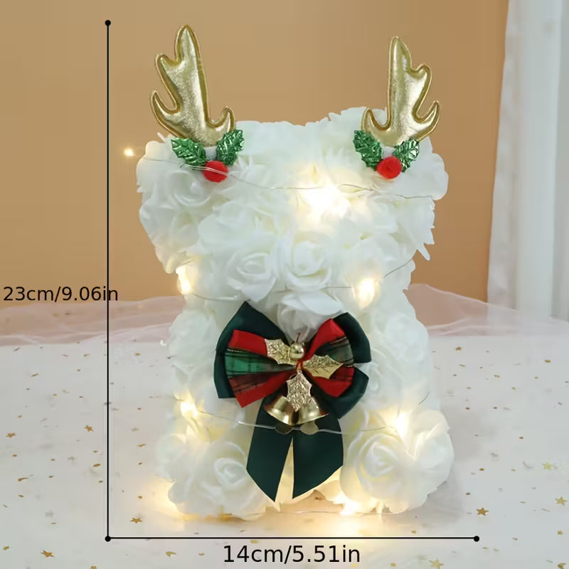 Christmas Teddy Bear Rose Flower Collectible  with Reindeer Antlers,