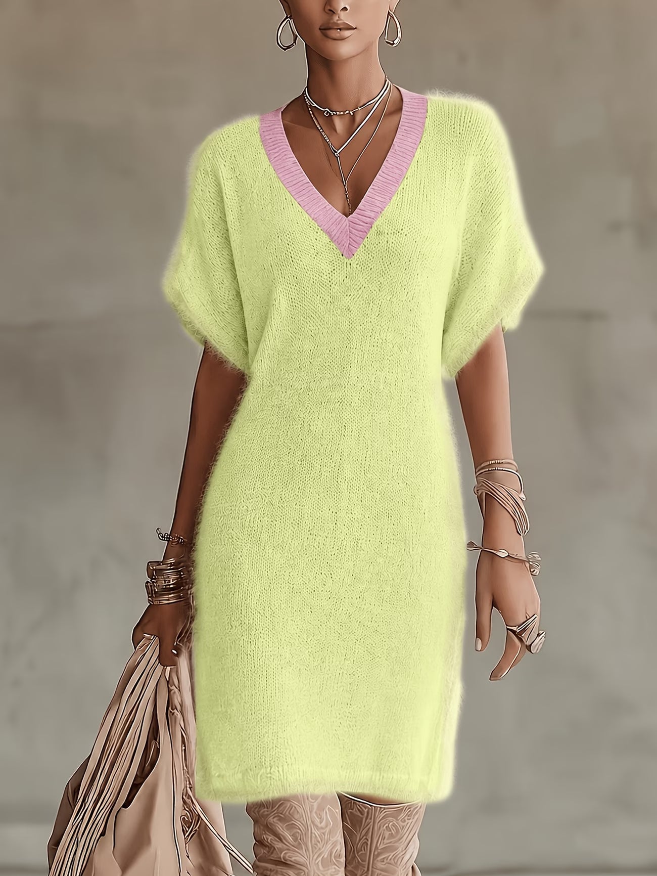 Women's Bohemian V-Neck Contrast Trim Loose Dress