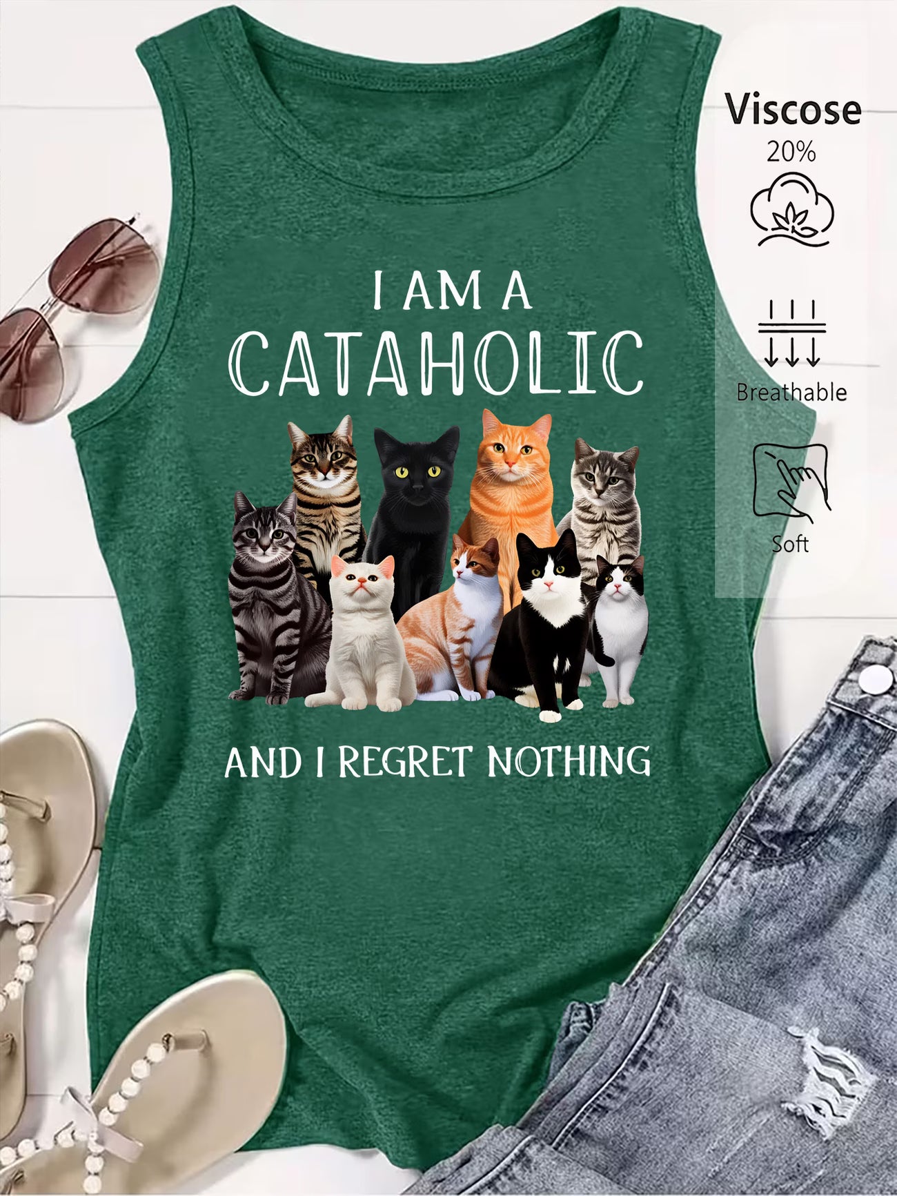 Women's "I Am a Cataholic" Cat Print Sleeveless Vest