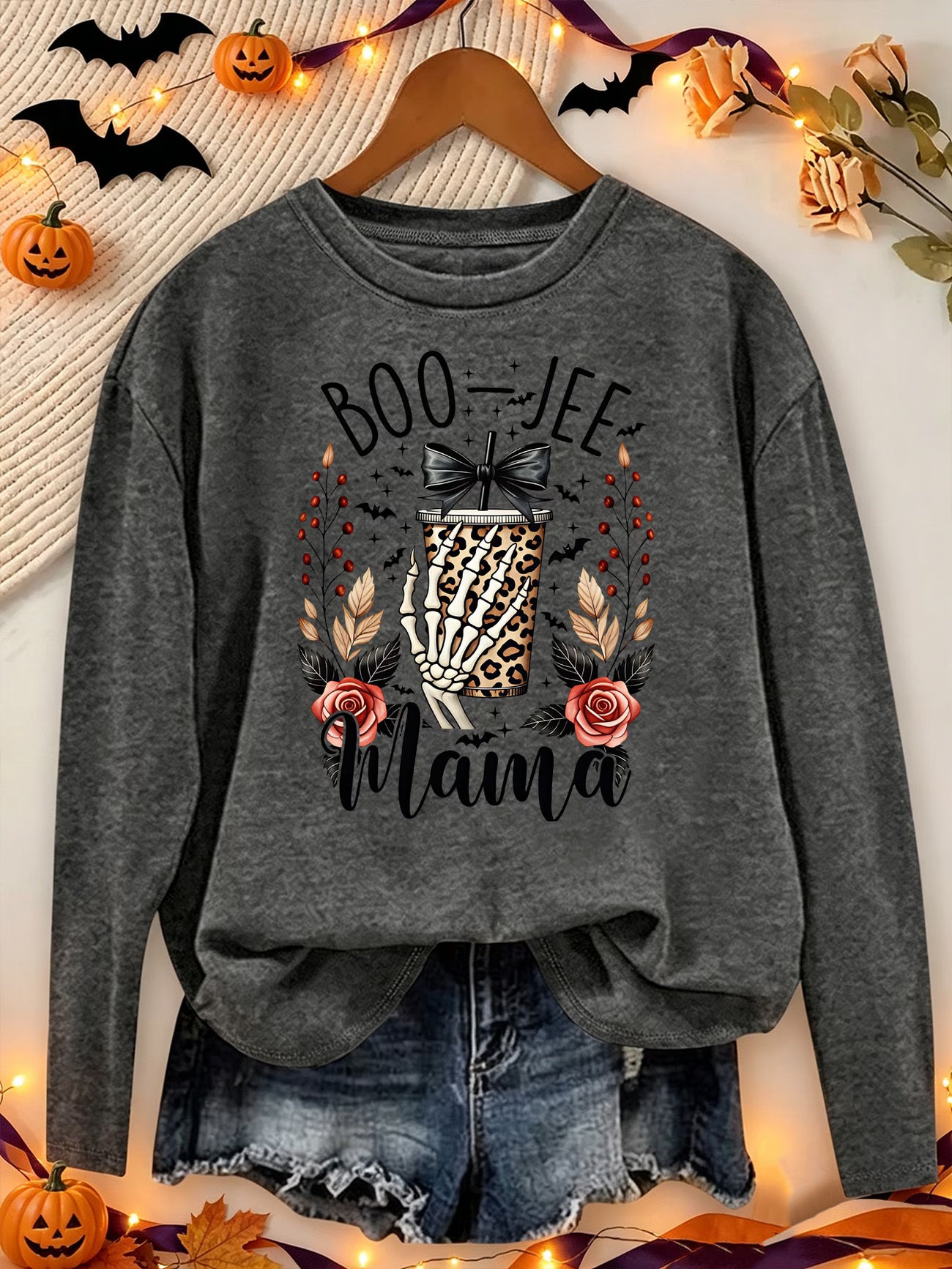 Boo-Jee Mama Skull Leopard Halloween Print Long Sleeve Top
